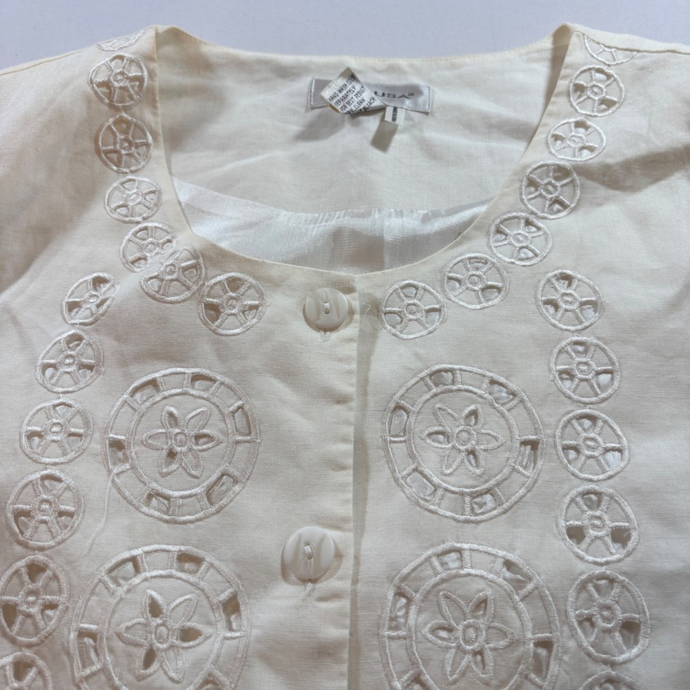 Lino USA Linen Blouse Womens 1X White Eyelet Embroidered 3/4 Sleeve Button Front